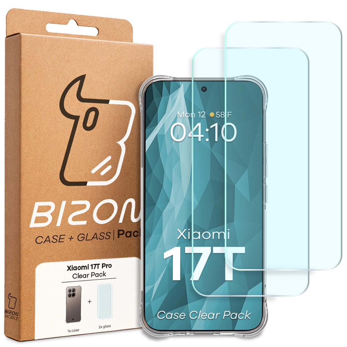 Front of the Bizon Case+Glass box with a dedicated label for Xiaomi 17T Pro