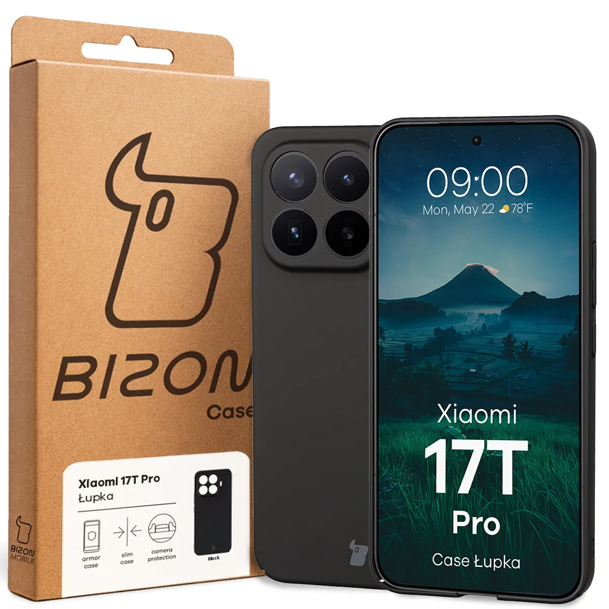 Vorderseite der Bizon Case Verpackung mit dediziertem Etikett für das Xiaomi 17T Pro