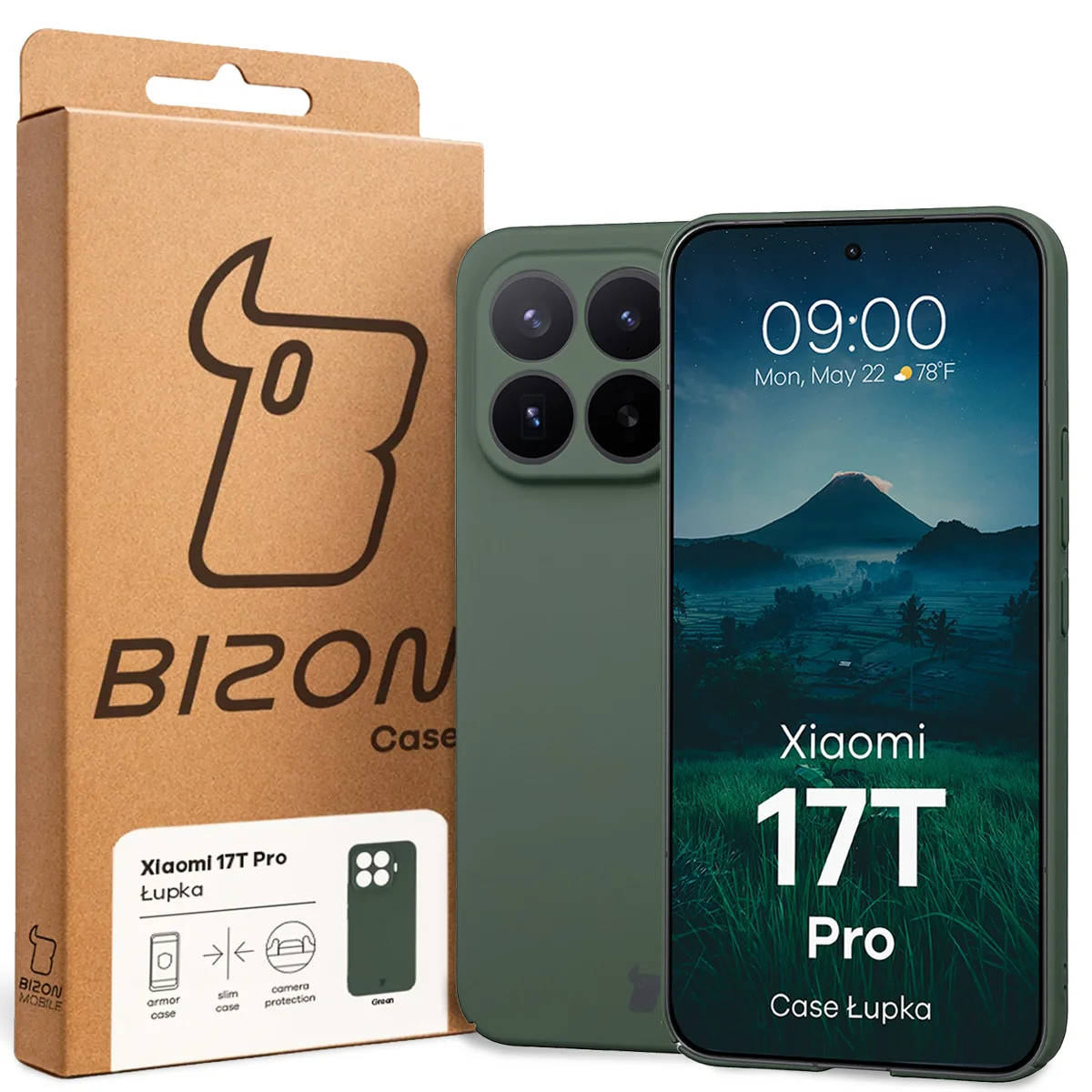 Vorderseite der Verpackung von Bizon Case mit dediziertem Etikett für Xiaomi 17T Pro