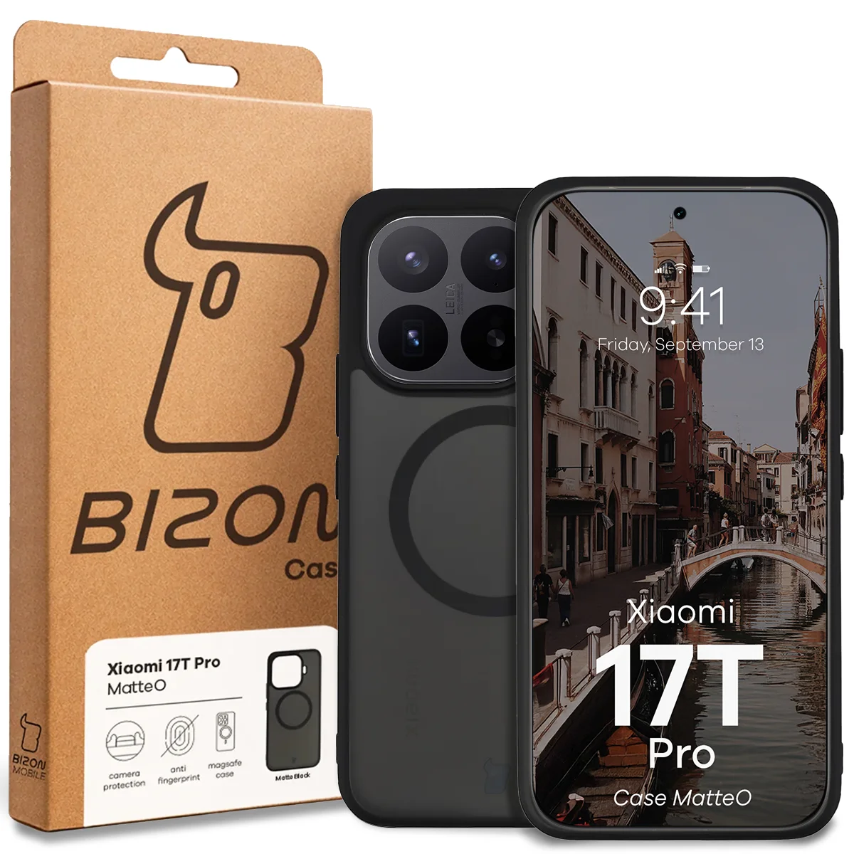 Vorderseite der Box Bizon Case mit dediziertem Etikett für Xiaomi 17T Pro