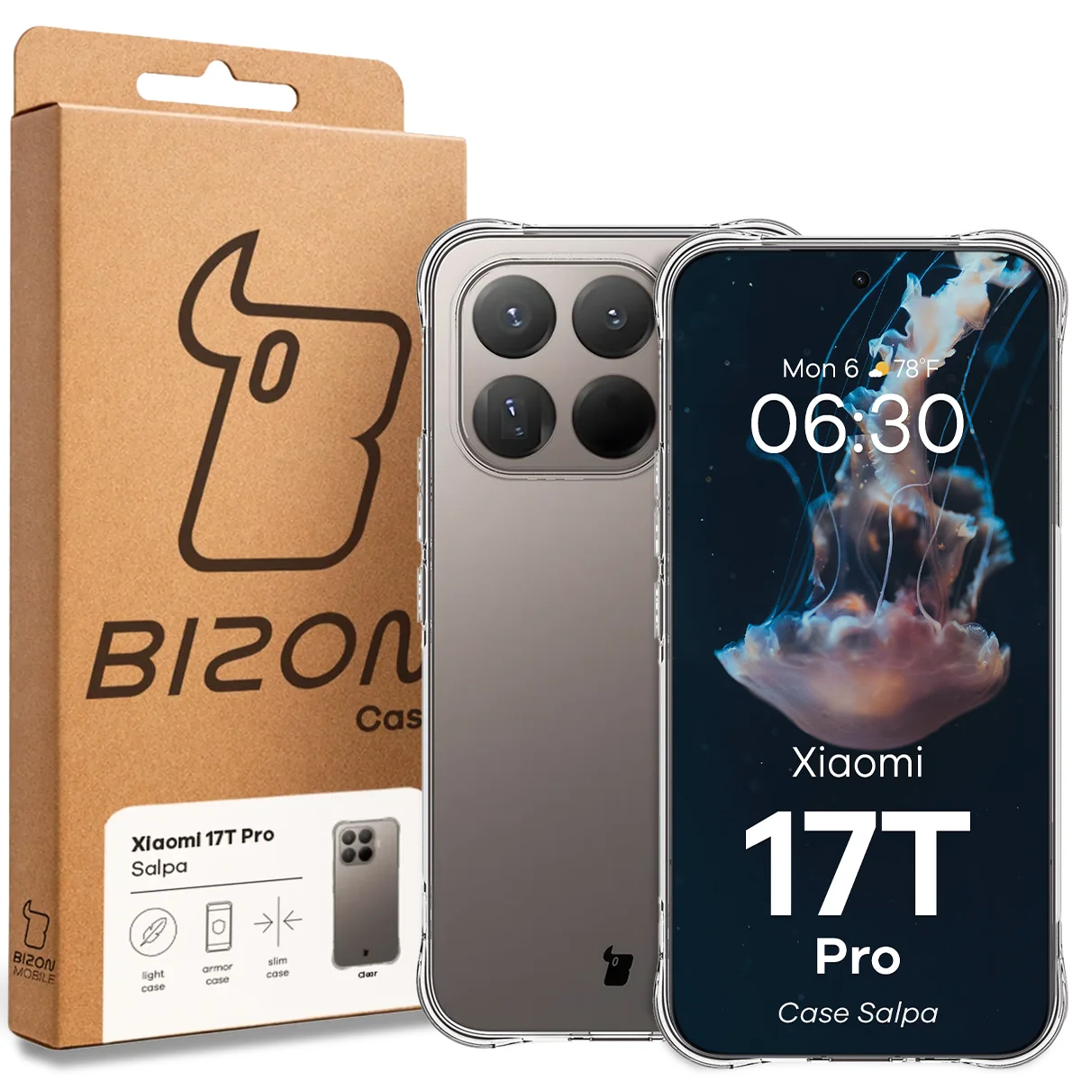 Vorderseite der Bizon Case Verpackung mit dediziertem Etikett für das Xiaomi 17T Pro