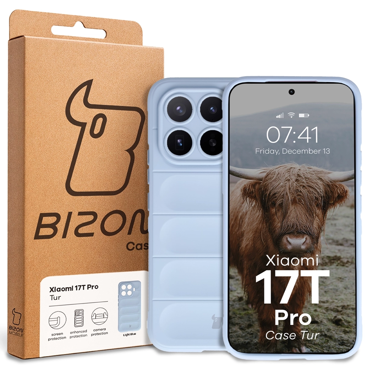 Przód pudełka Bizon Case z dedykowaną etykietą do Xiaomi 17T Pro