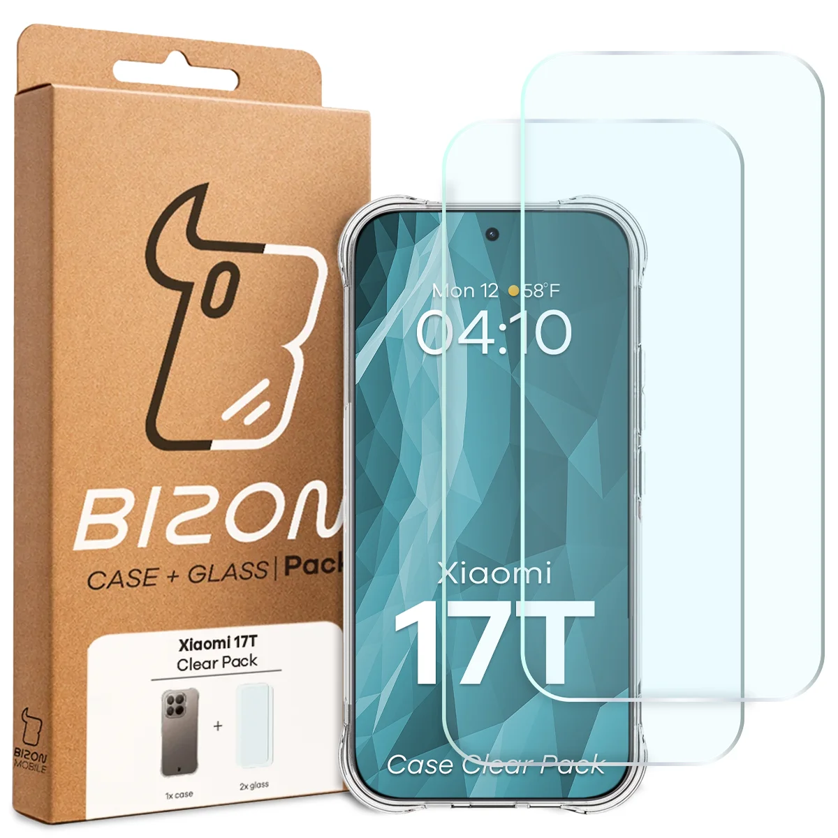 A Bizon Case+Glass doboz elülső oldala, dedikált címkével a Xiaomi 17T-hez
