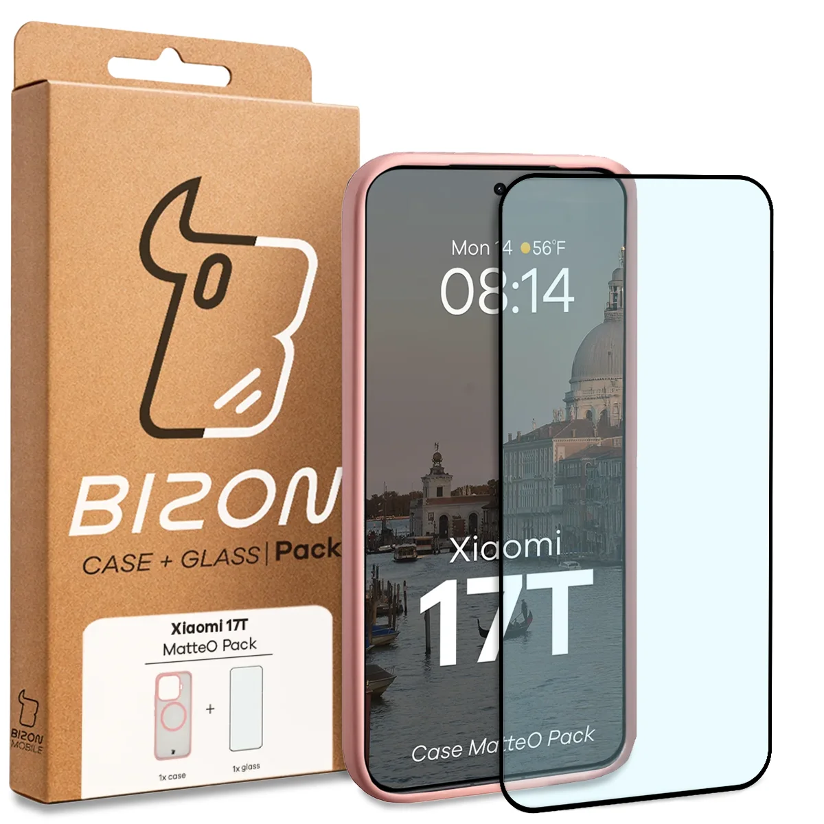 Fața cutiei Bizon Case Matteo Pack cu eticheta dedicată pentru Xiaomi 17T