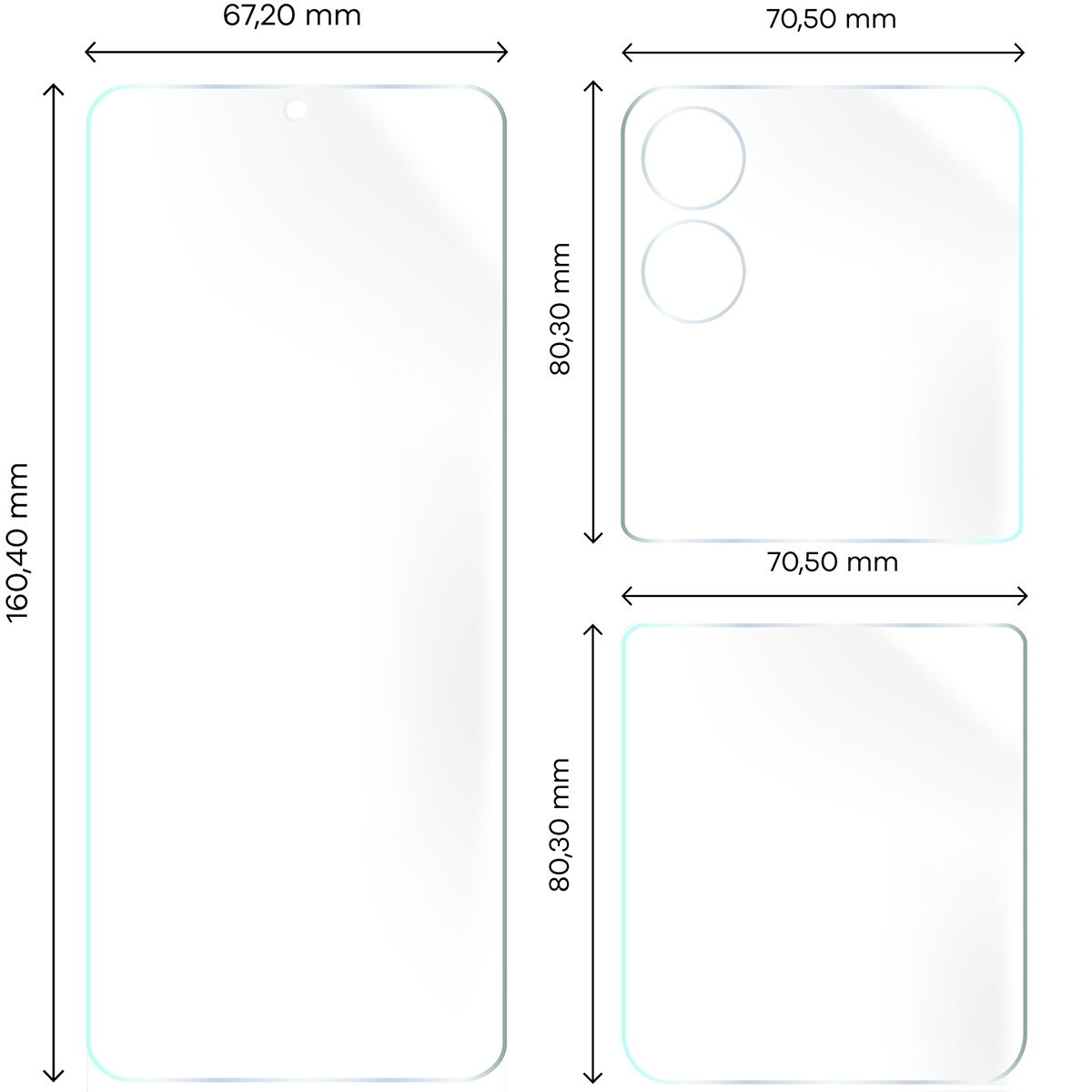 Dimensiunile pentru folia din hidrogel pentru spate, ecran mic și mare al telefonului Bizon Glass Hydrogel Set