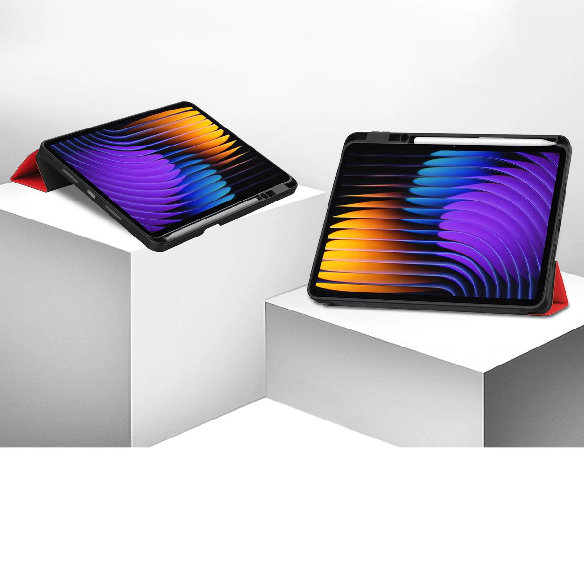 Etui z klapką Bizon Case Tab Croc na podstawkach ustawione pod dwoma kątami