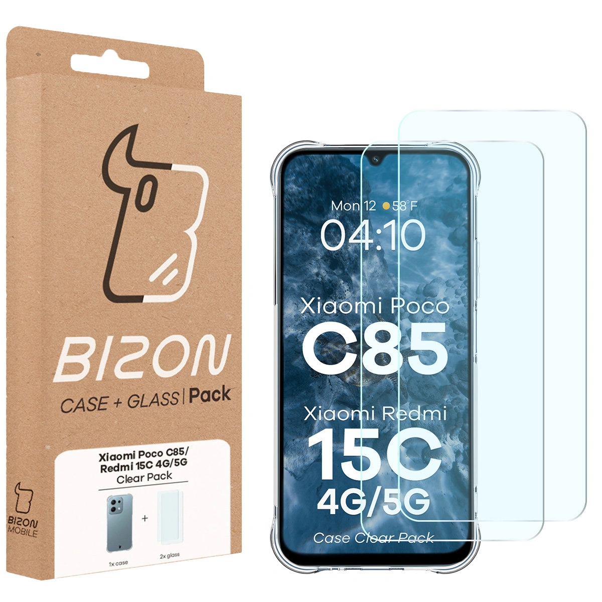 Vorderseite der Verpackung Bizon Case+Glass mit dediziertem Etikett für Xiaomi Redmi 15C 4G / 5G / POCO C85 4G