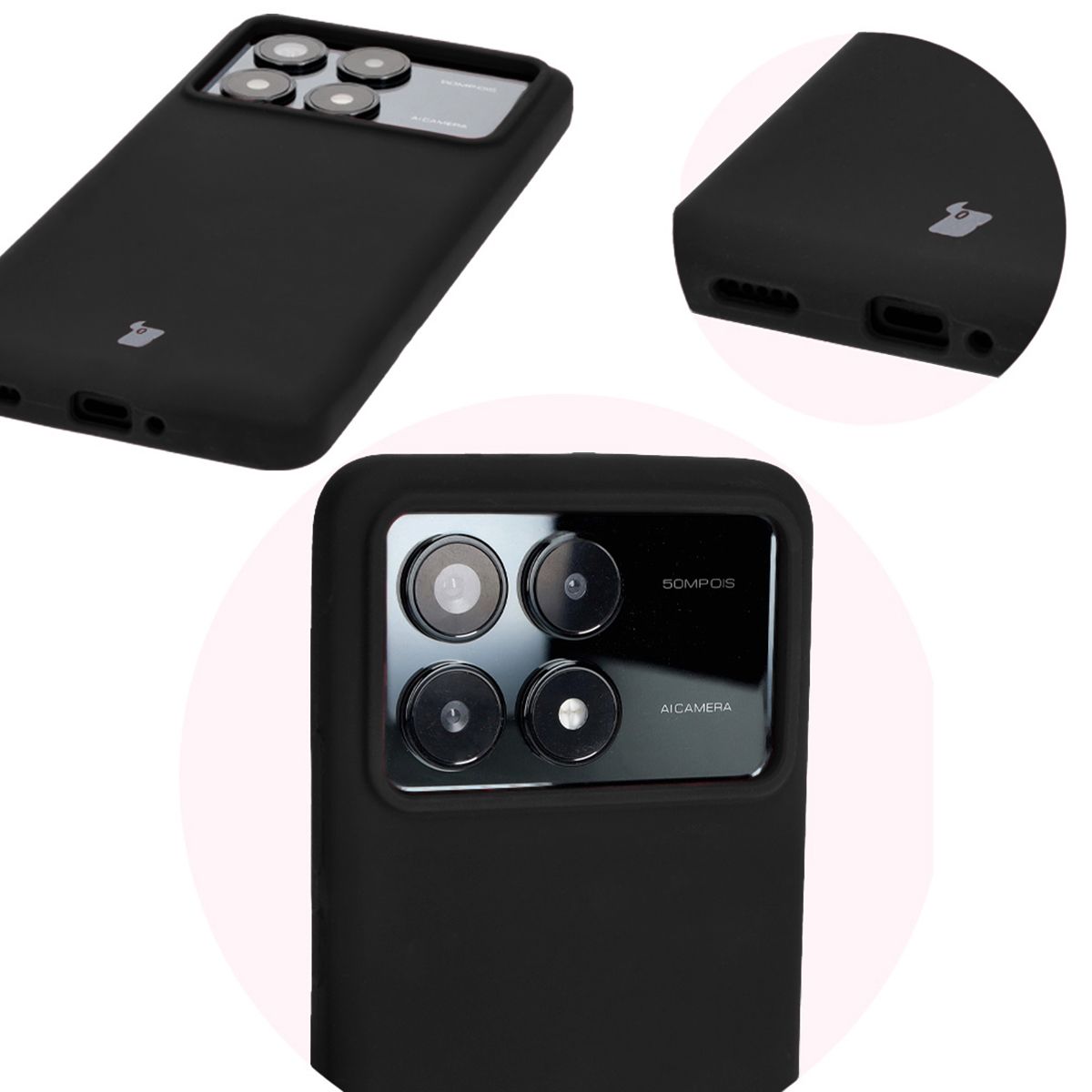 Close-up of precise cutouts and wireless charging capability in the Bizon Soft Case