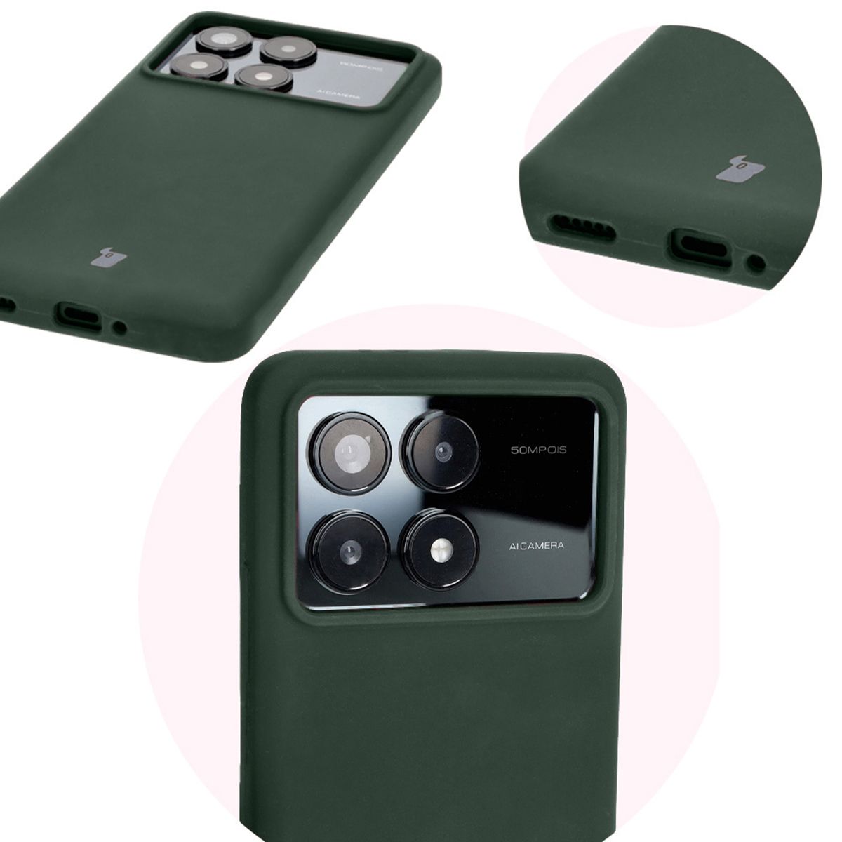 Close-up of precise cutouts and wireless charging capability in Bizon Soft Case