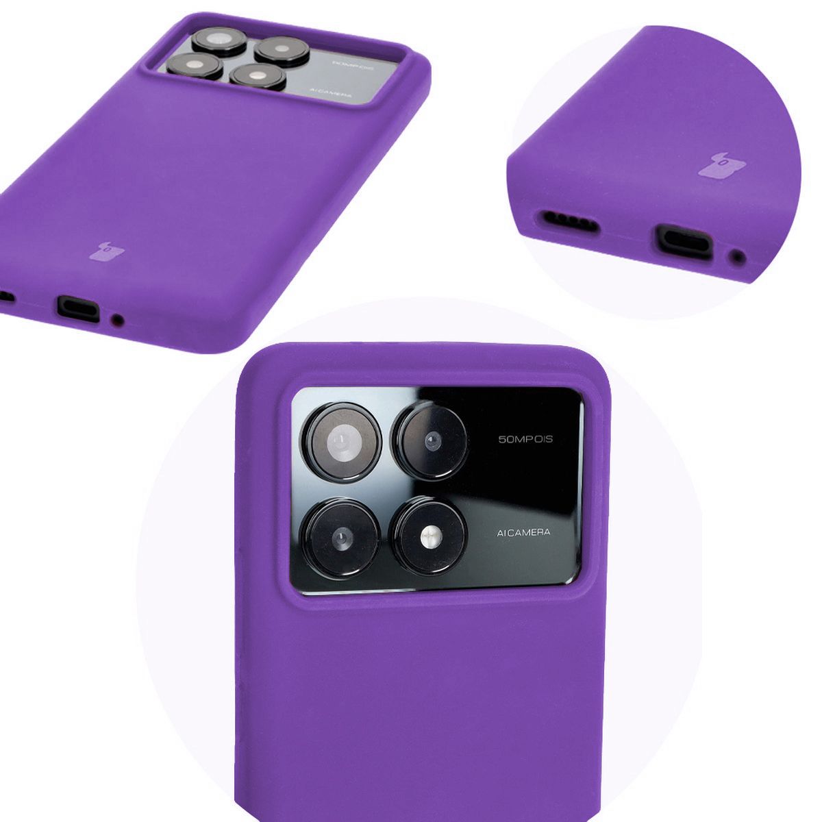 Close-up of precise cutouts and wireless charging capability in the Bizon Soft Case