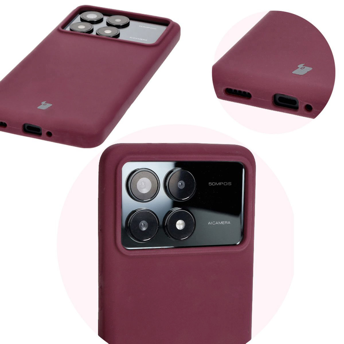 Close-up of precise cutouts and wireless charging capability in the Bizon Soft Case