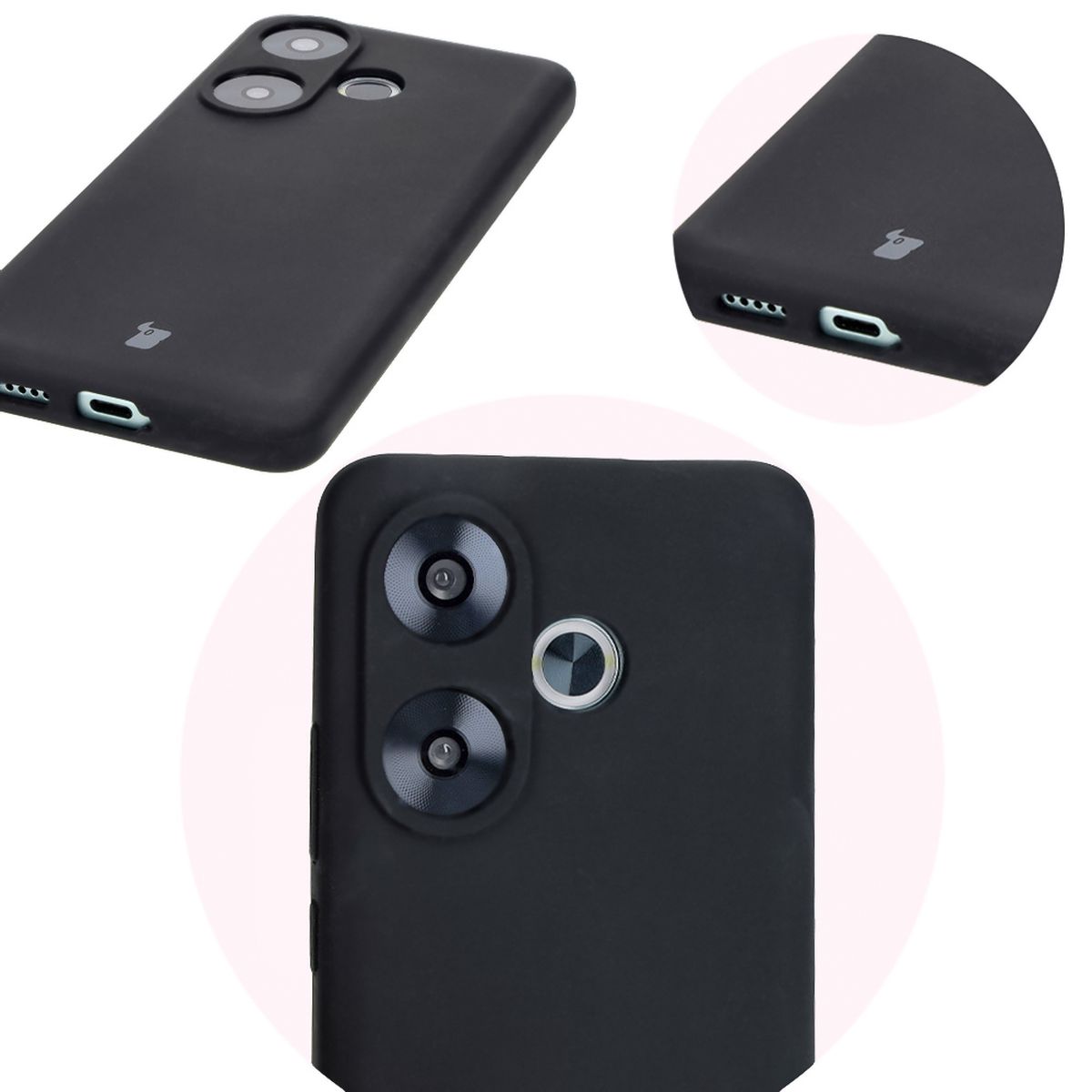 Close-up of precise cutouts and wireless charging capability in Bizon Soft Case