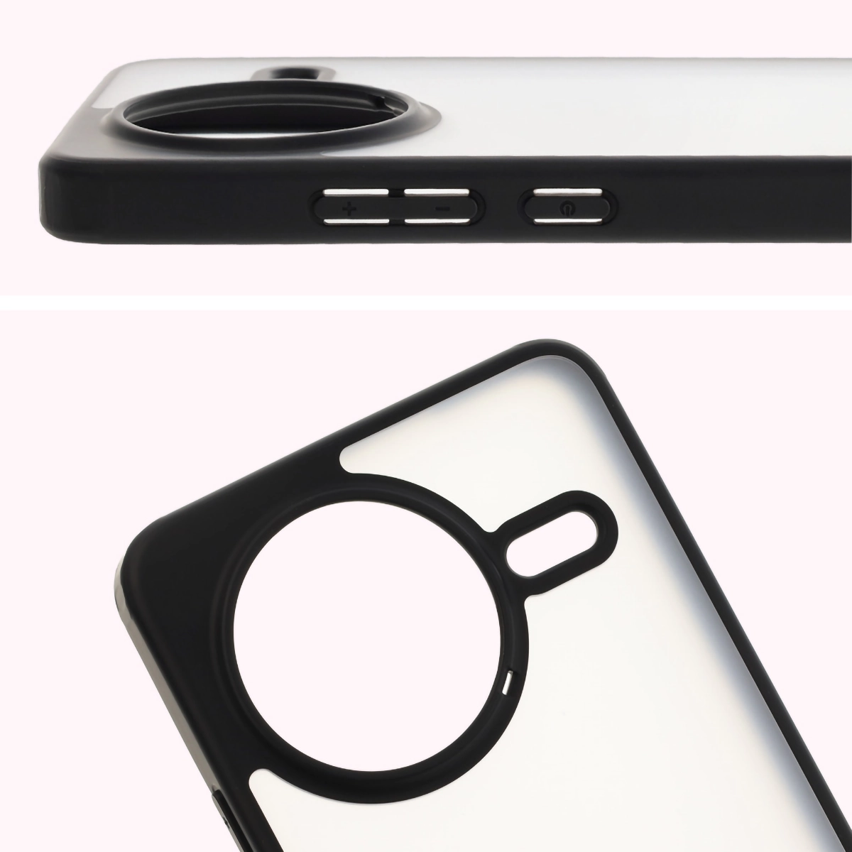 Pełne wycięcie i podwyższone krawędzie aparatu w etui Bizon Case Angelo