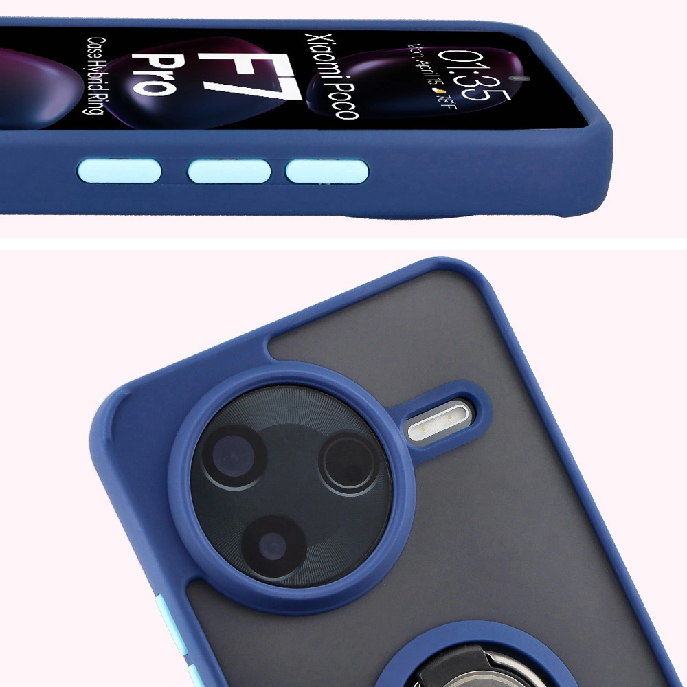 Zbliżenie na podwyższone krawędzie przy wyświetlaczu i wyspie aparatu w etui Bizon Hybrid Ring do Xiaomi POCO F7 Pro