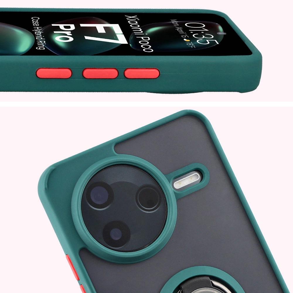 Zbliżenie na podwyższone krawędzie przy wyświetlaczu i wyspie aparatu w etui Bizon Hybrid Ring do Xiaomi POCO F7 Pro