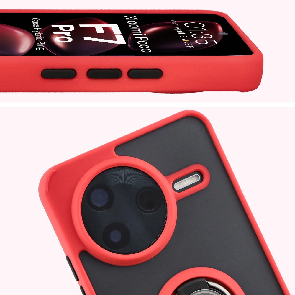 Zbliżenie na podwyższone krawędzie przy wyświetlaczu i wyspie aparatu w etui Bizon Hybrid Ring do Xiaomi POCO F7 Pro