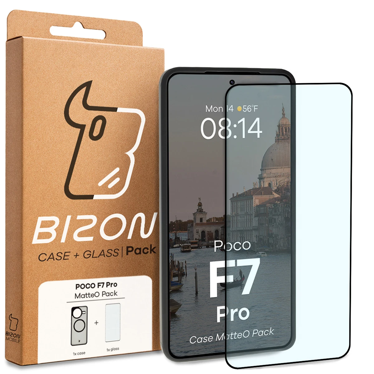 Przód pudełka Bizon Case Matteo Pack z dedykowaną etykietą do Xiaomi POCO F7 Pro