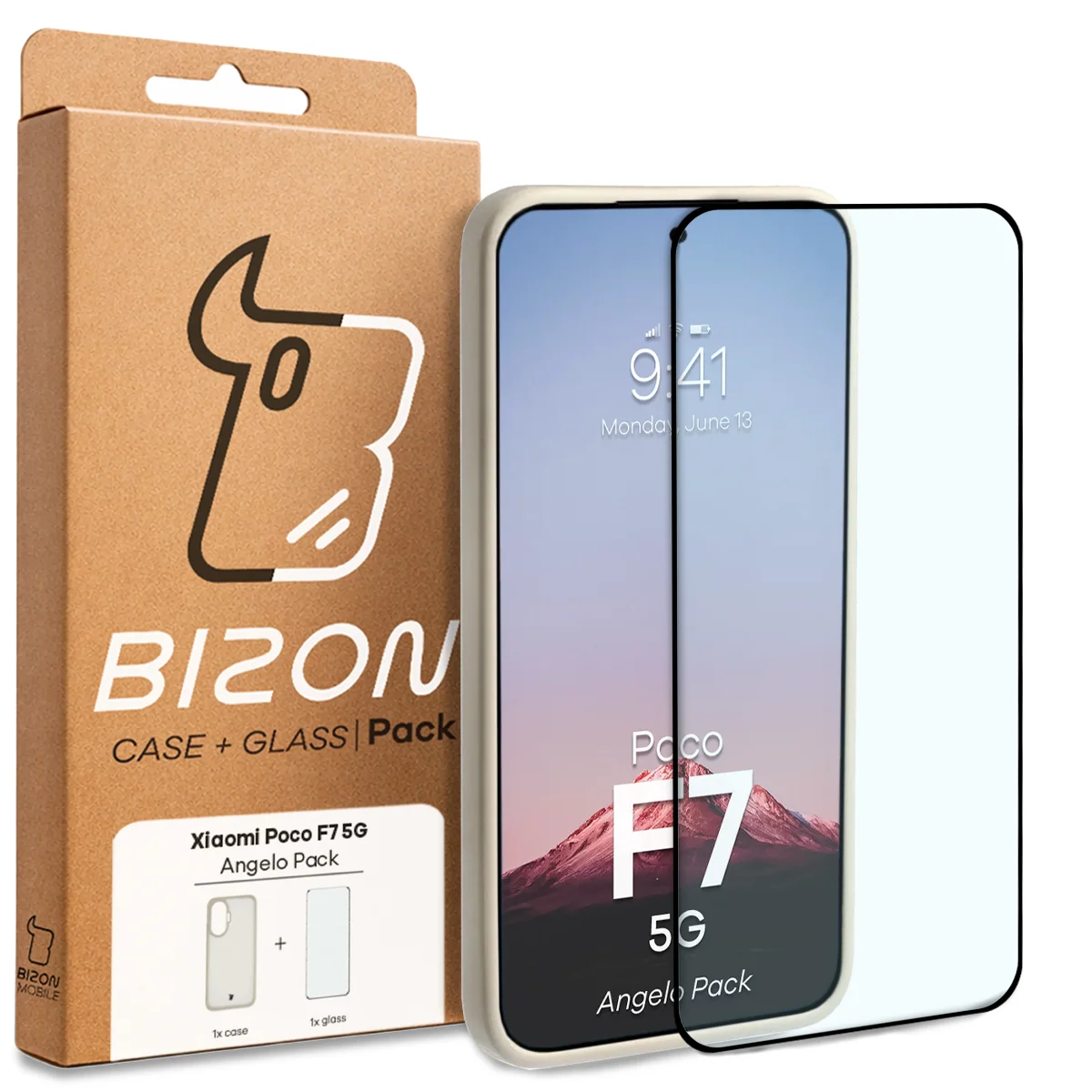 Przód pudełka Bizon Case Angelo Pack z dedykowaną etykietą do Xiaomi POCO F7