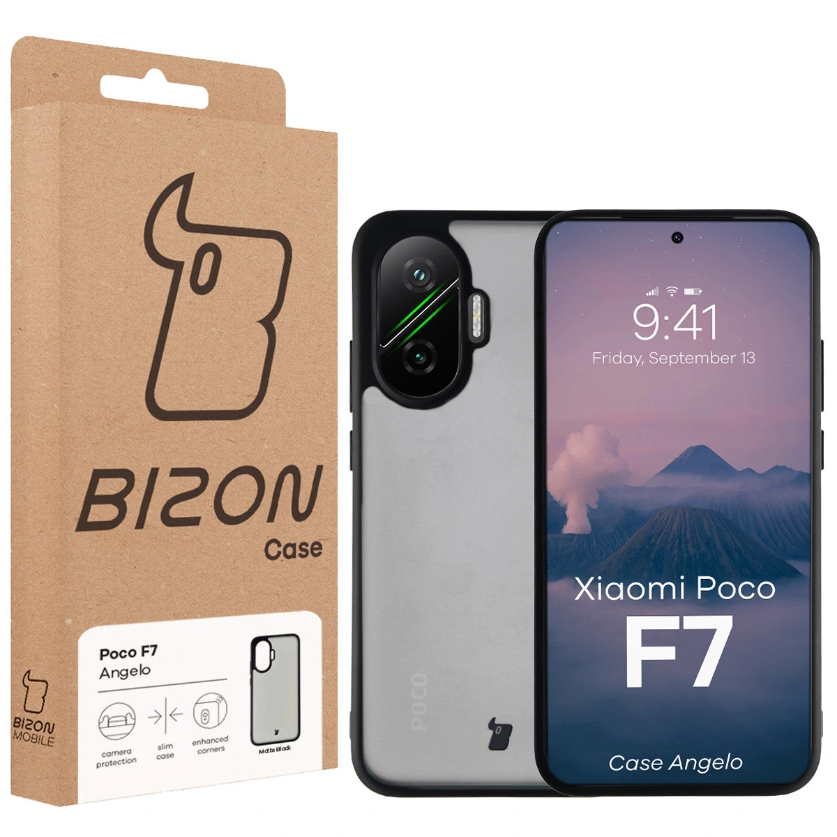 Przód pudełka Bizon Case z dedykowaną etykietą do Xiaomi POCO F7