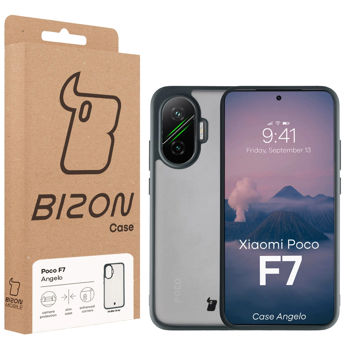 Przód pudełka Bizon Case z dedykowaną etykietą do Xiaomi POCO F7