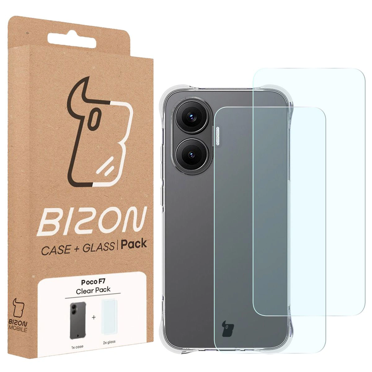 Front of the Bizon Case+Glass box with a dedicated label for Xiaomi POCO F7