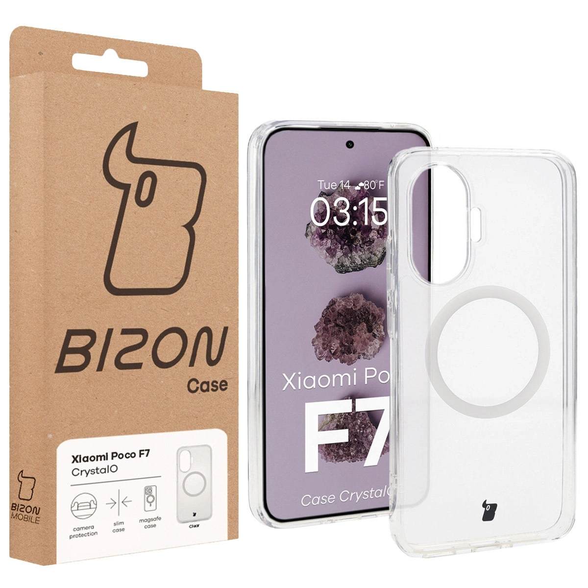 Przód pudełka Bizon Case z dedykowaną etykietą do Xiaomi POCO F7