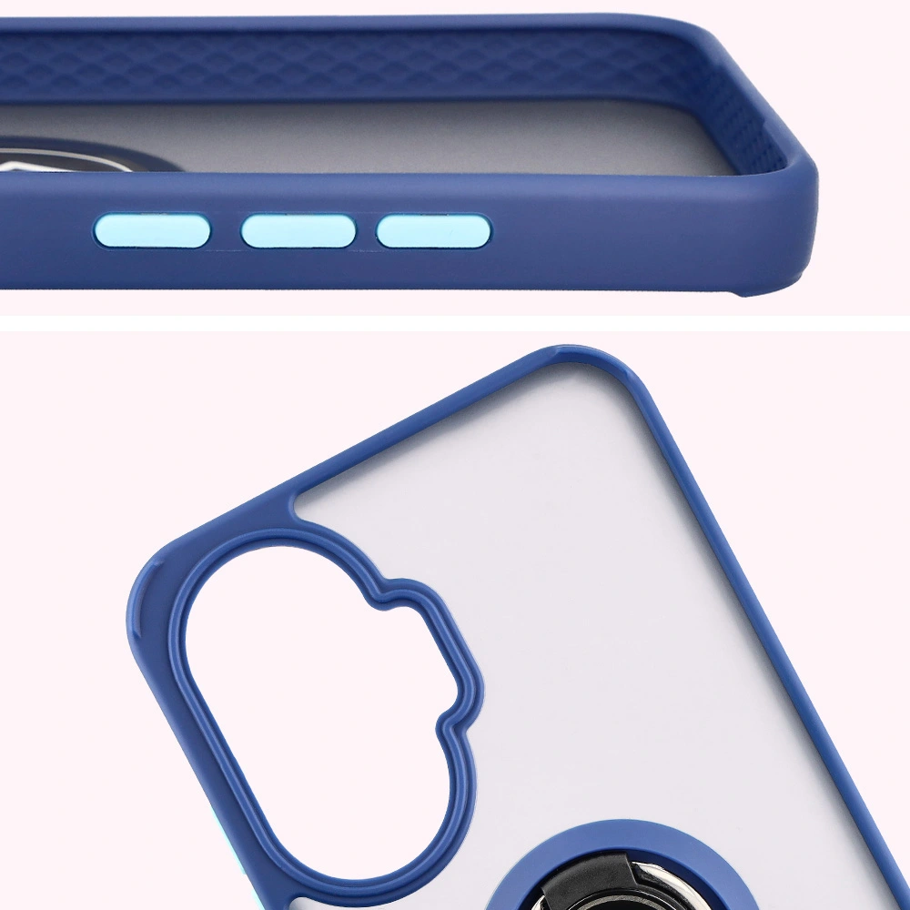 Zbliżenie na podwyższone krawędzie przy wyświetlaczu i wyspie aparatu w etui Bizon Hybrid Ring do Xiaomi POCO F7