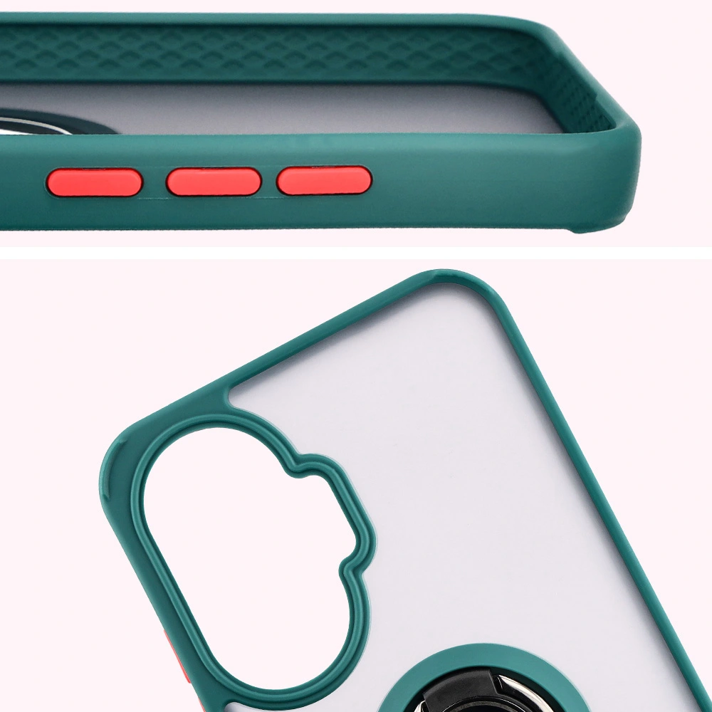 Zbliżenie na podwyższone krawędzie przy wyświetlaczu i wyspie aparatu w etui Bizon Hybrid Ring do Xiaomi POCO F7