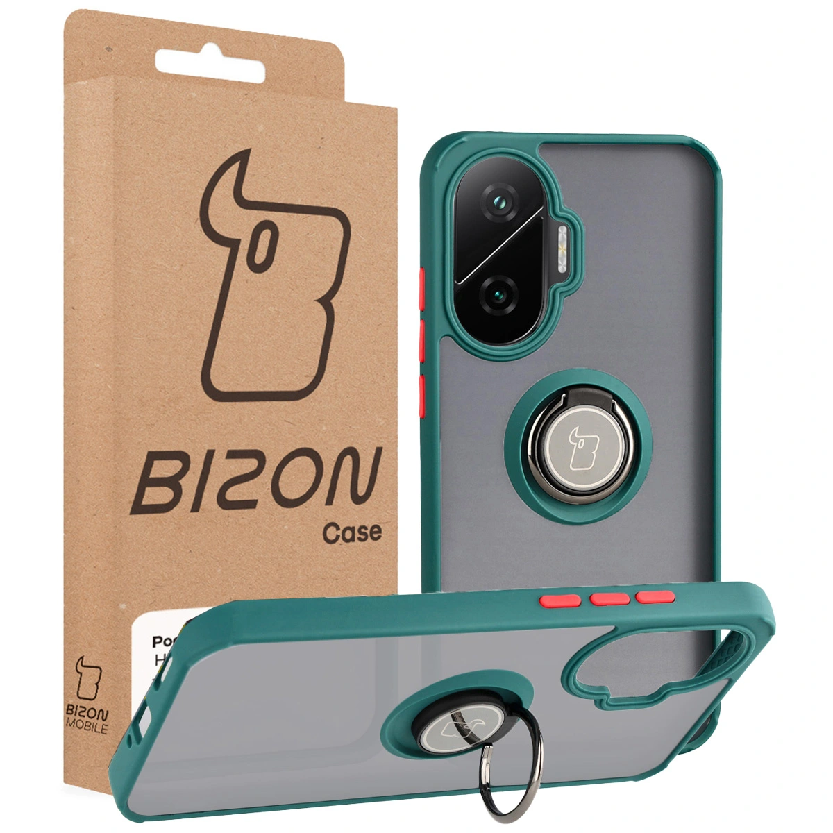 Przód pudełka Bizon Case z dedykowaną etykietą do Xiaomi POCO F7