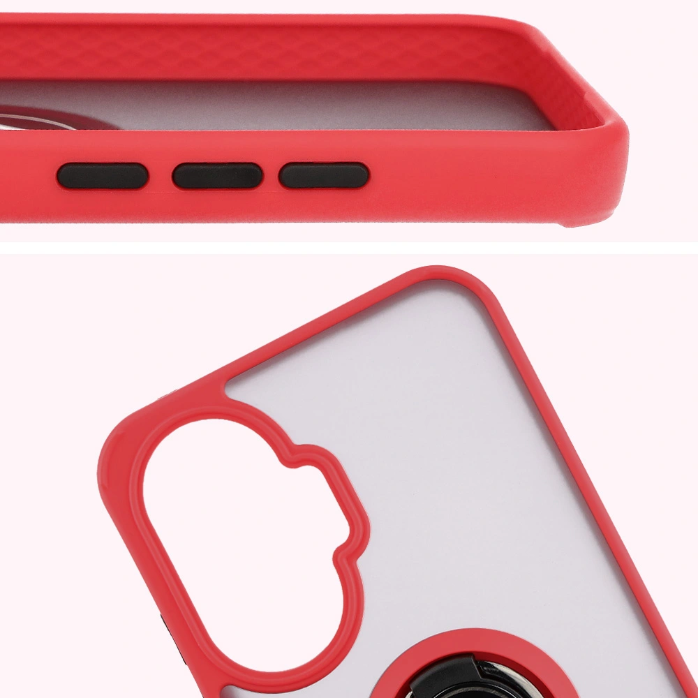 Zbliżenie na podwyższone krawędzie przy wyświetlaczu i wyspie aparatu w etui Bizon Hybrid Ring do Xiaomi POCO F7