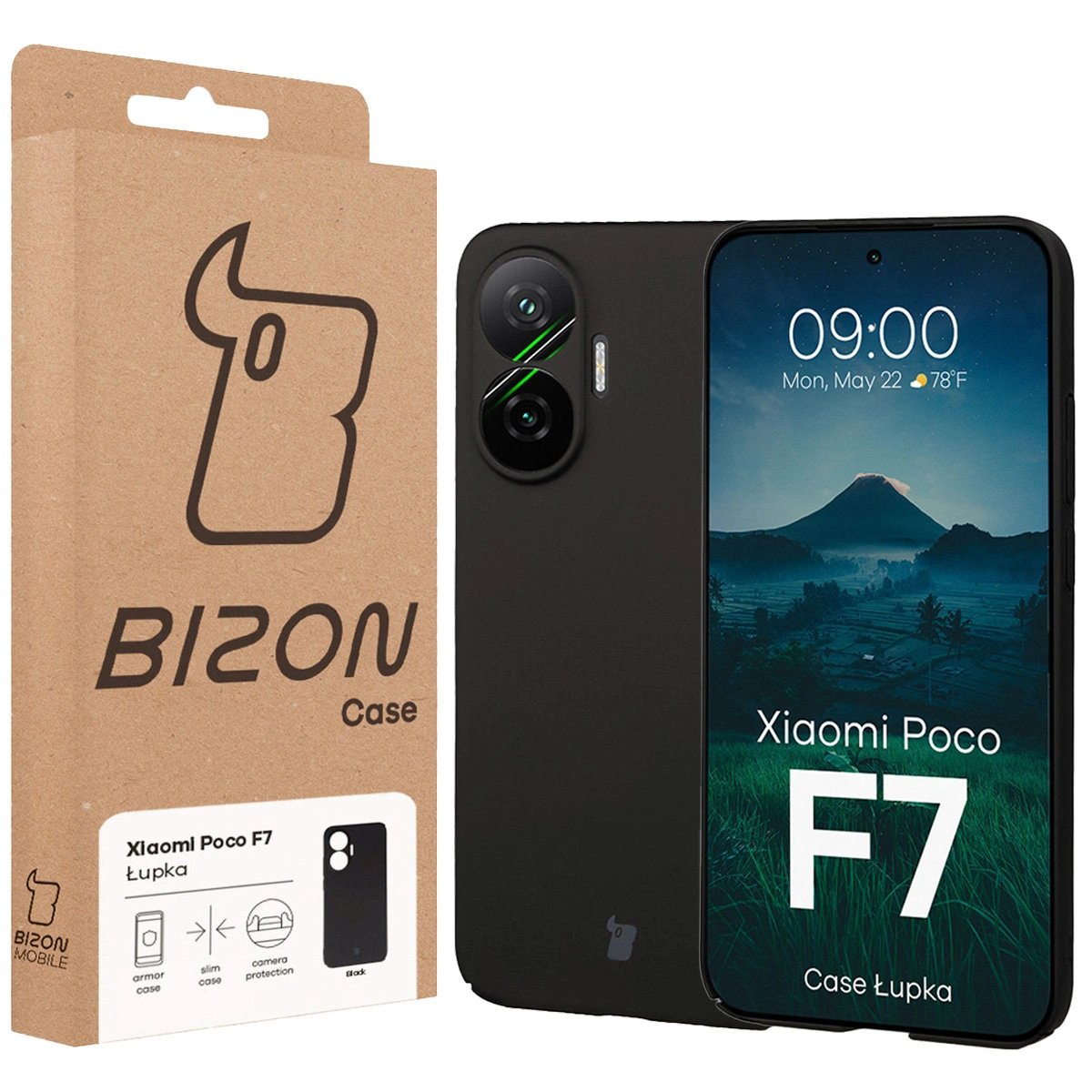 Przód pudełka Bizon Case z dedykowaną etykietą do Xiaomi POCO F7