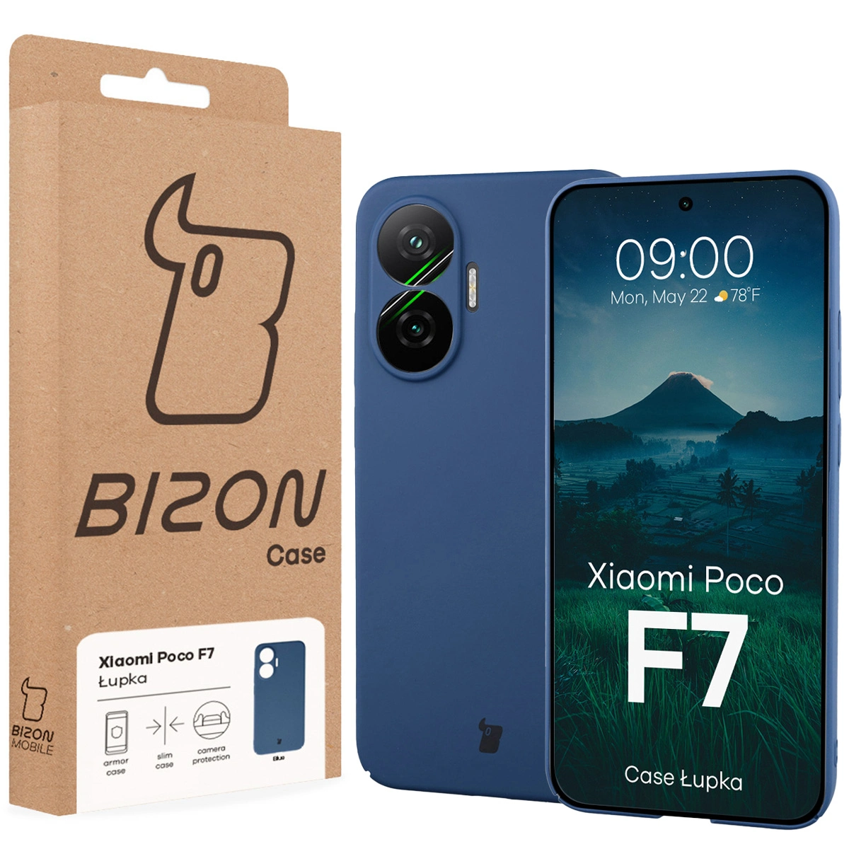 Vorderseite der Bizon Case Verpackung mit dediziertem Etikett für Xiaomi POCO F7