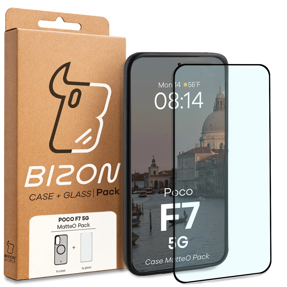 Przód pudełka Bizon Case Matteo Pack z dedykowaną etykietą do Xiaomi POCO F7