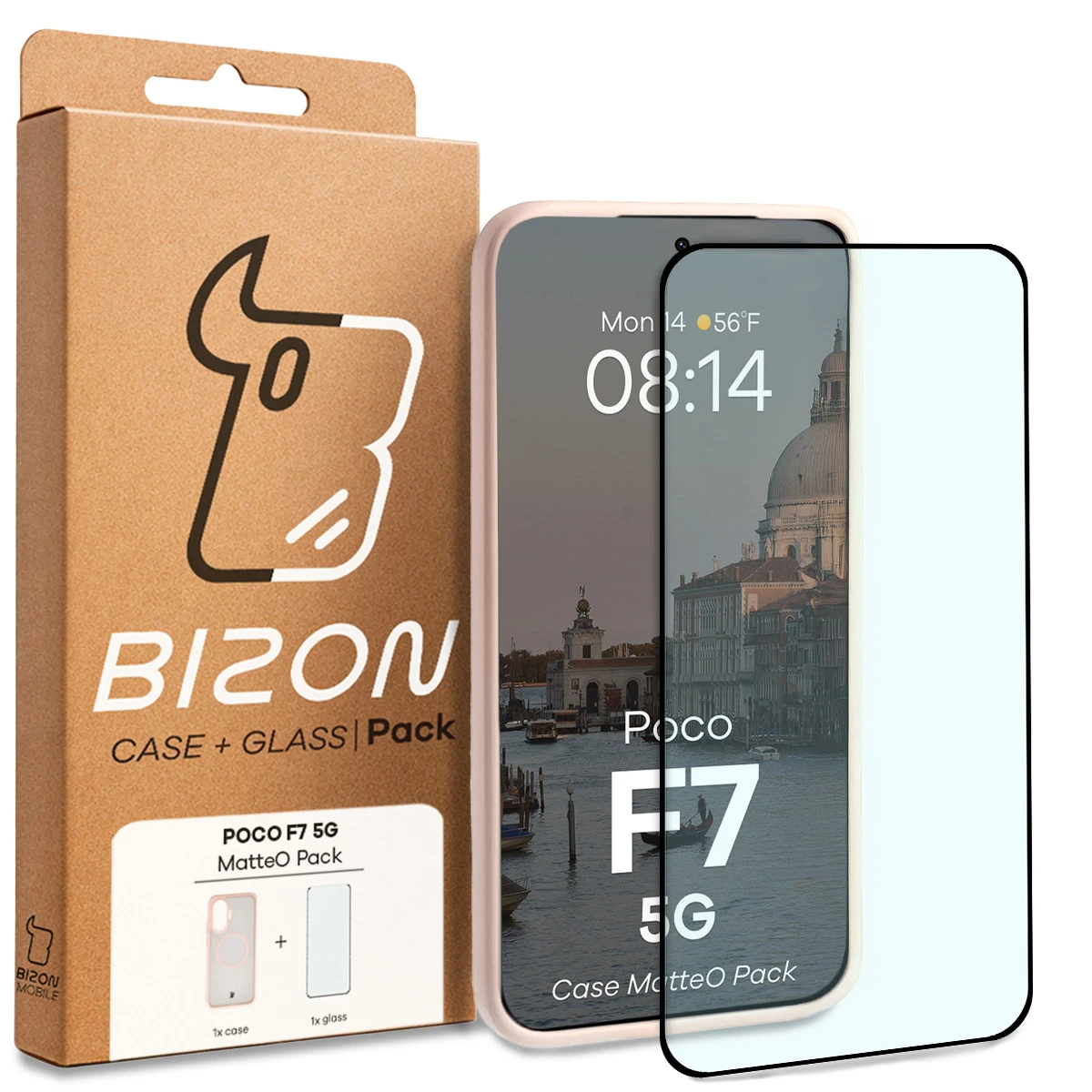 Przód pudełka Bizon Case Matteo Pack z dedykowaną etykietą do Xiaomi POCO F7