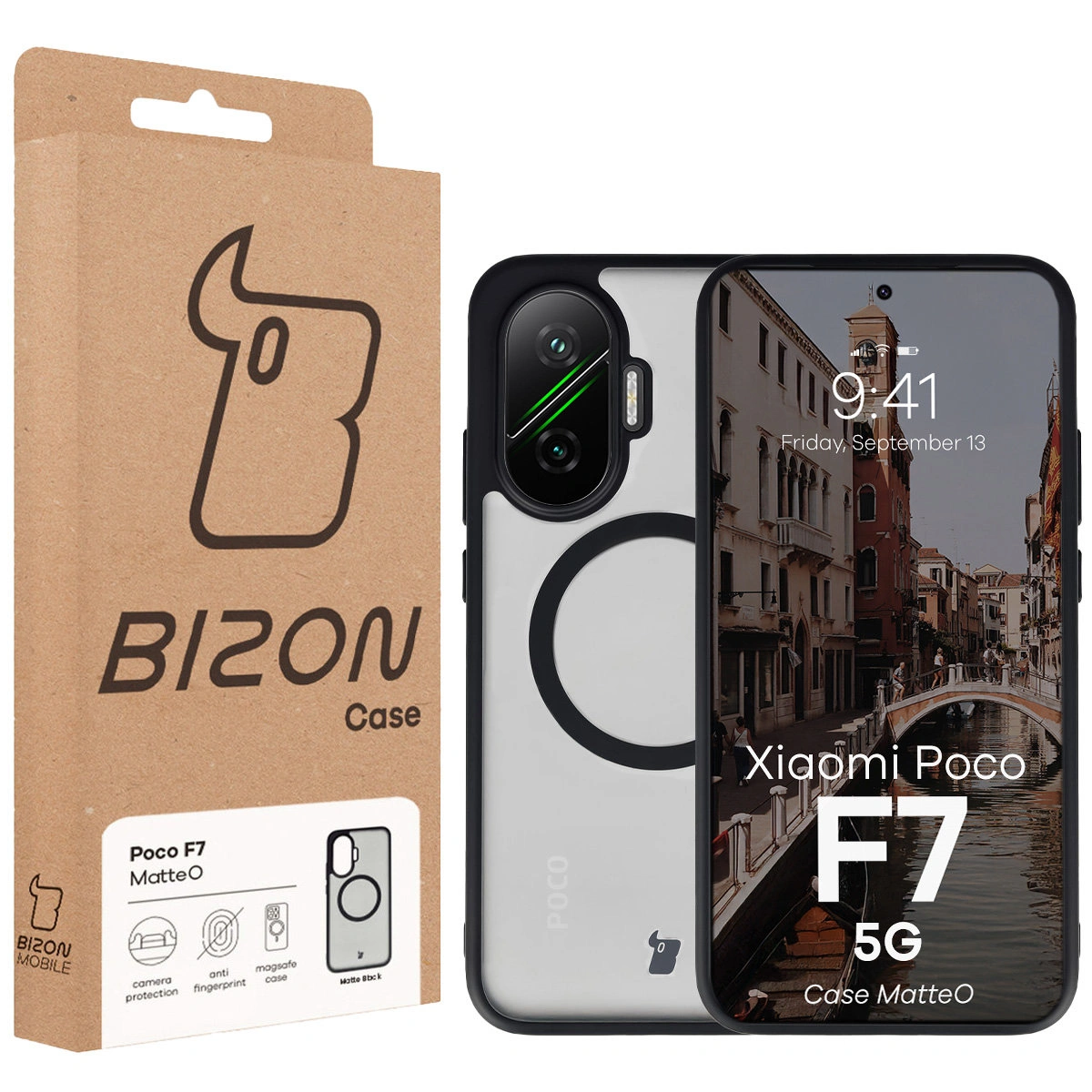 Przód pudełka Bizon Case z dedykowaną etykietą do Xiaomi POCO F7