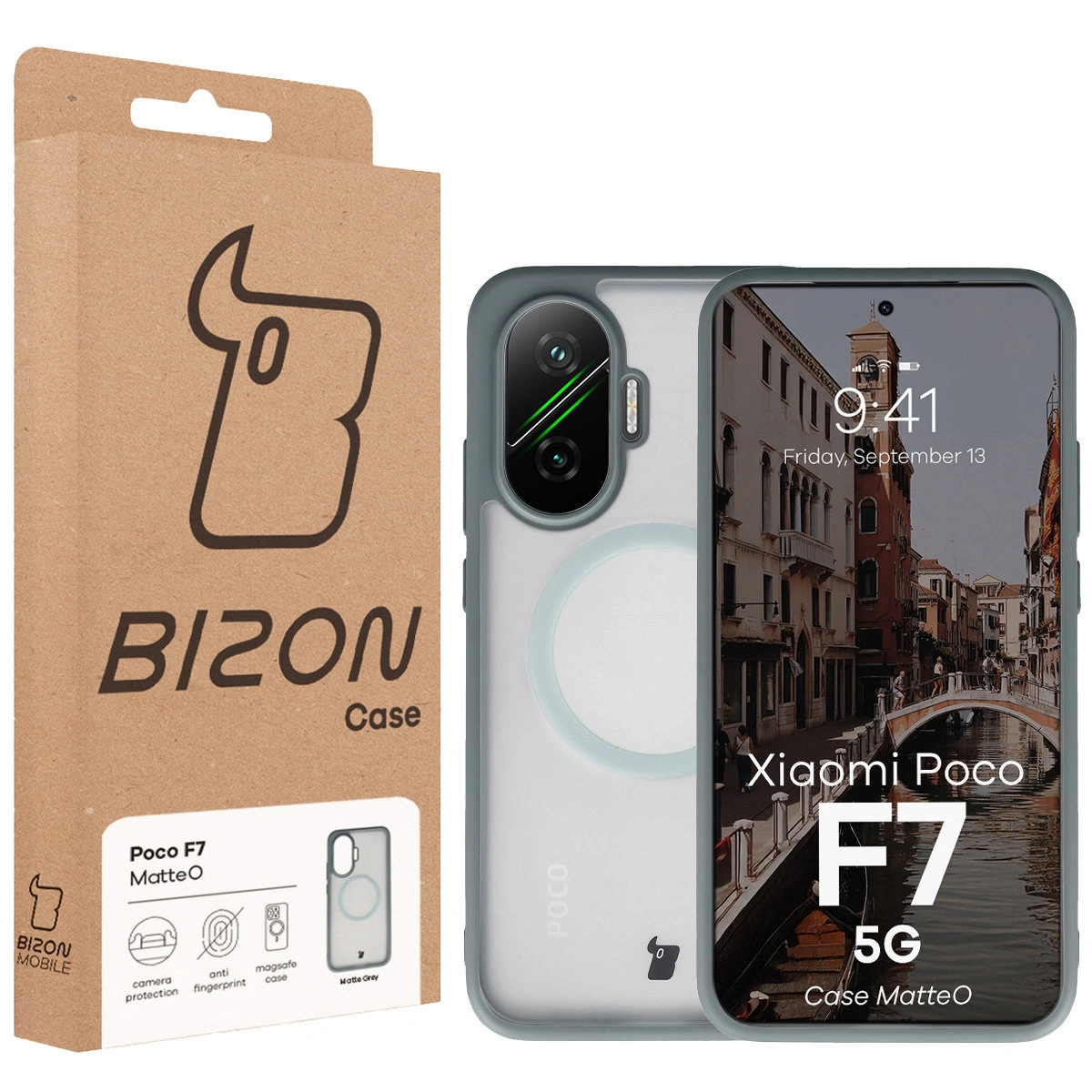 Front of the Bison Case box with a dedicated label for Xiaomi POCO F7