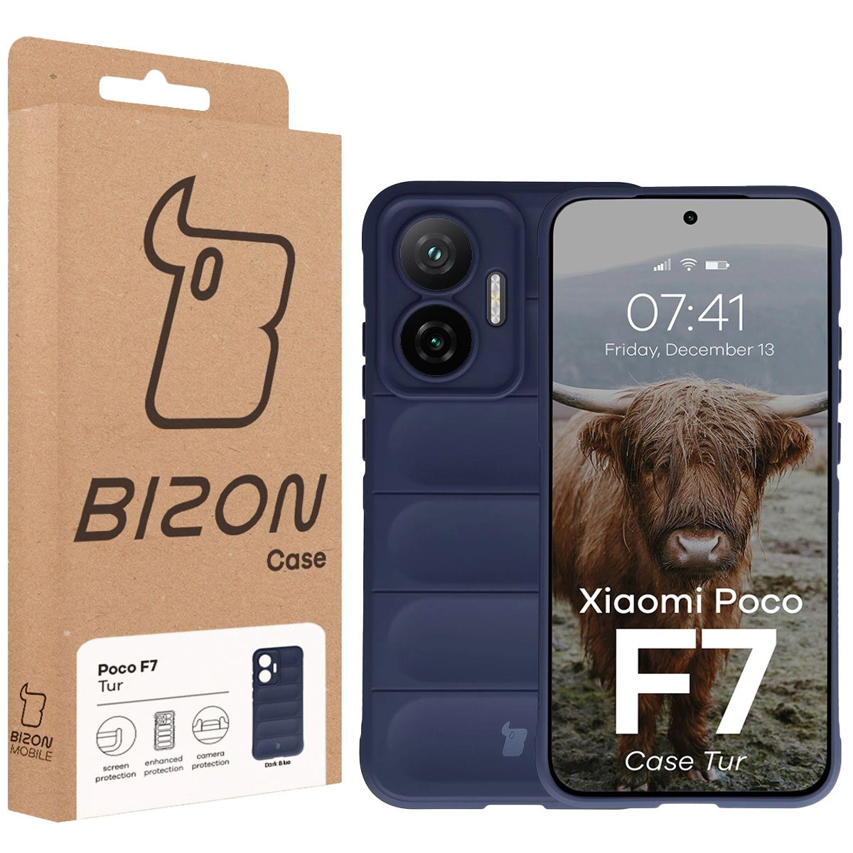 Vorderseite der Bizon Case Box mit dediziertem Etikett für Xiaomi POCO F7