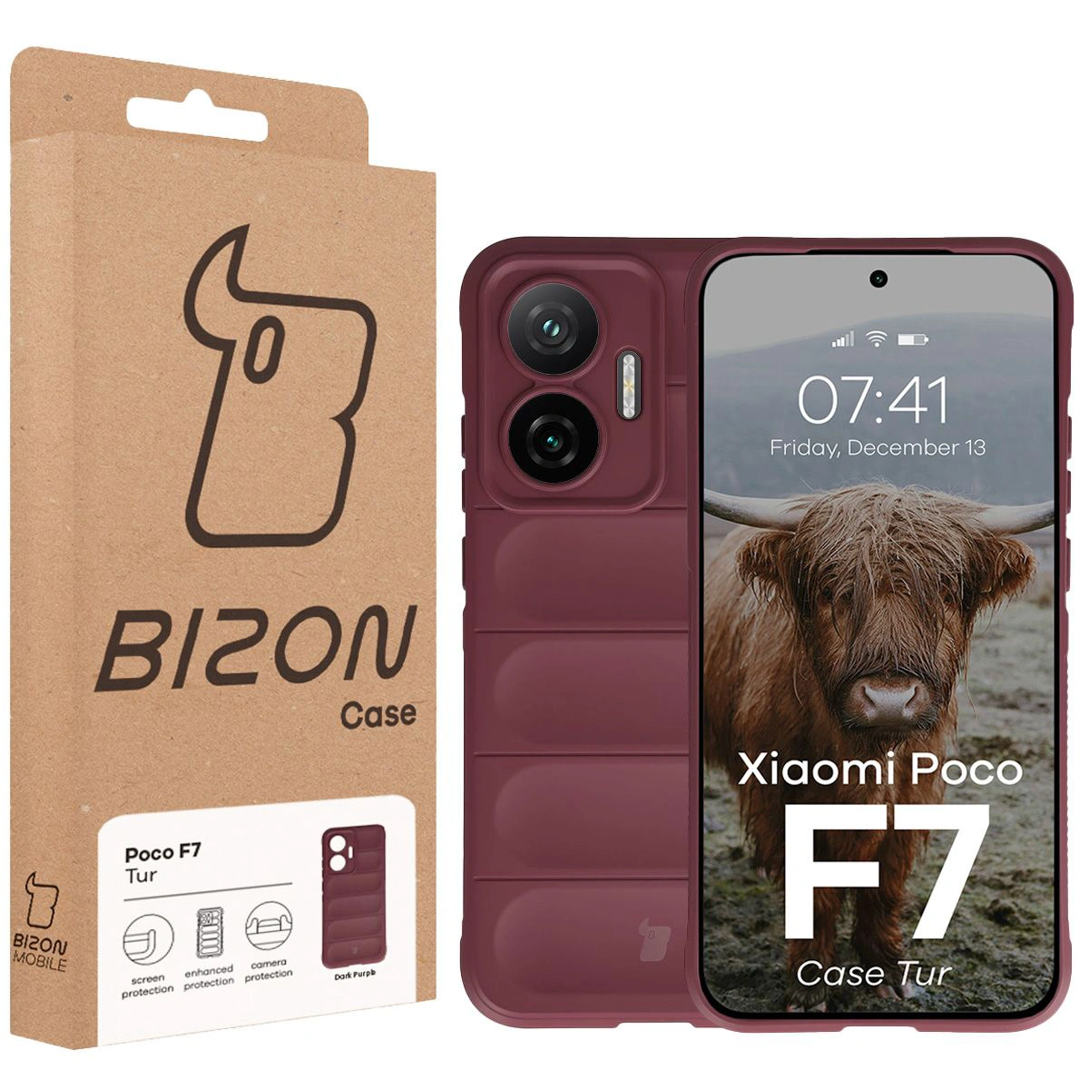 Vorderseite der Bizon Case mit dediziertem Etikett für Xiaomi POCO F7