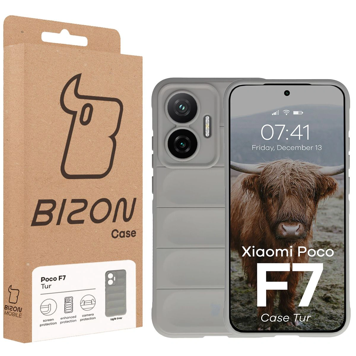 Vorderseite der Bizon Case Verpackung mit einem speziellen Etikett für Xiaomi POCO F7
