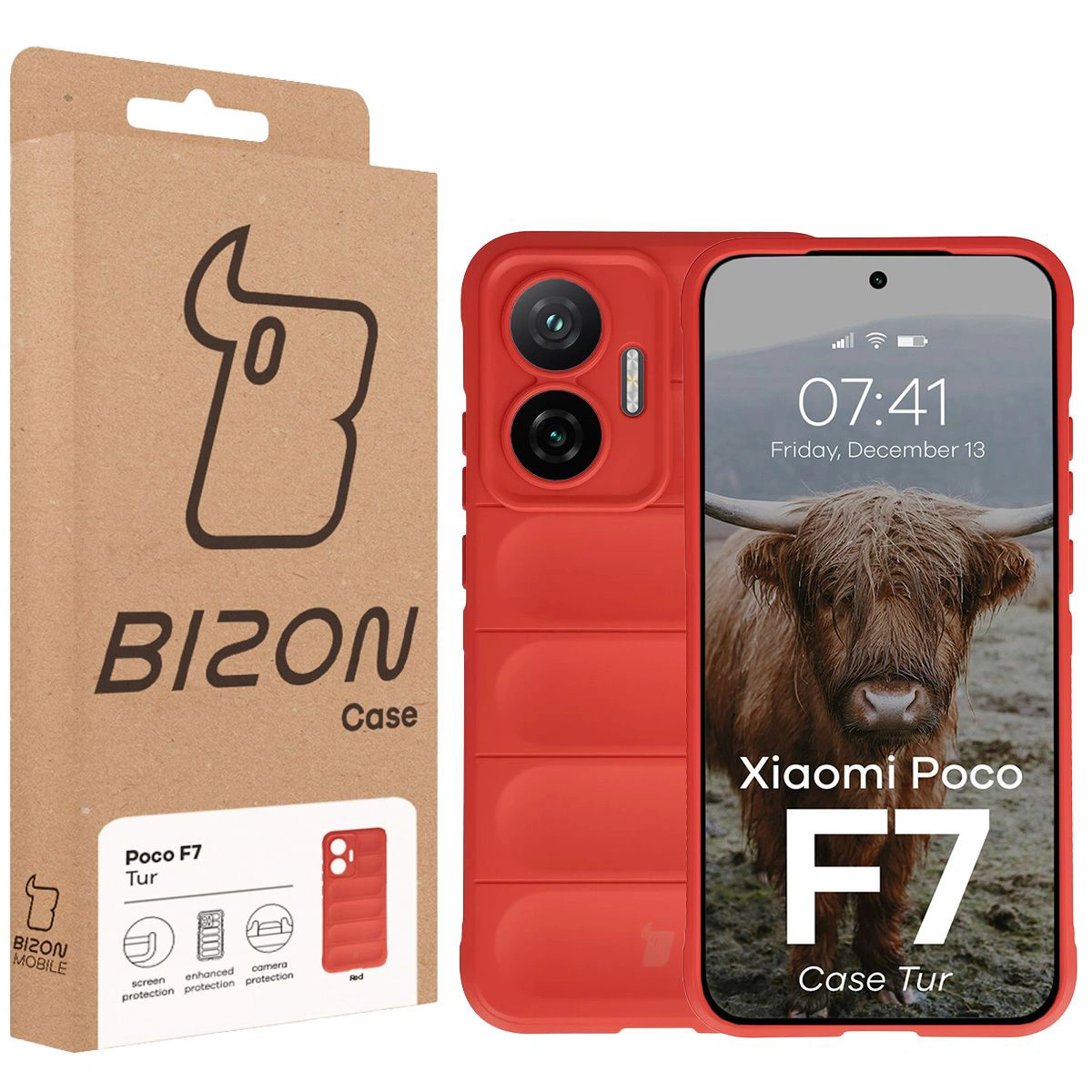 Vorderseite der Bizon Case Verpackung mit einem speziellen Etikett für Xiaomi POCO F7