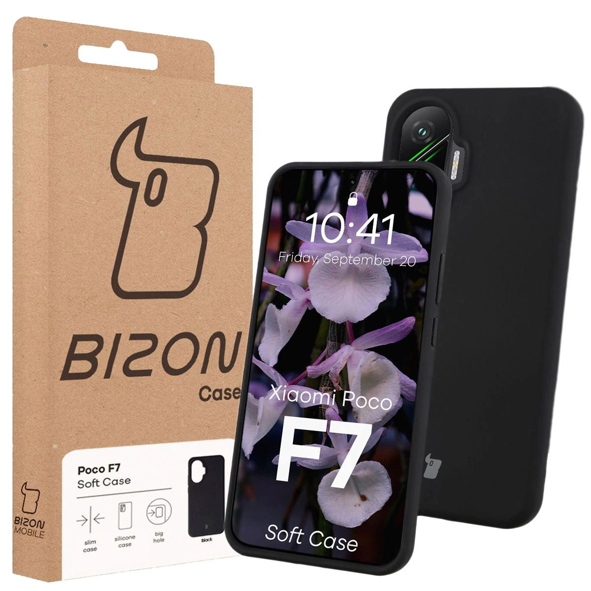 Przód pudełka Bizon Case z dedykowaną etykietą do Xiaomi POCO F7