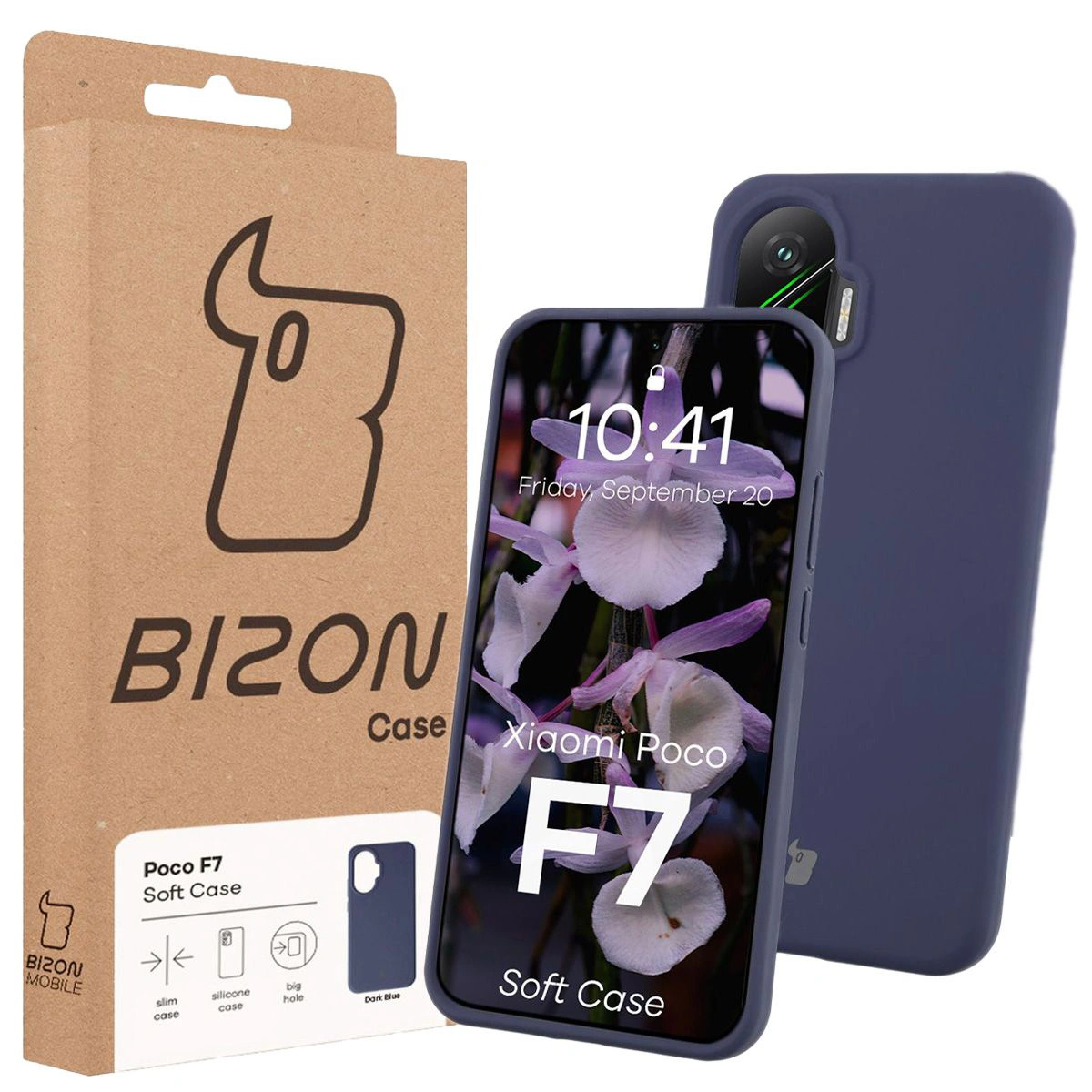 Przód pudełka Bizon Case z dedykowaną etykietą do Xiaomi POCO F7