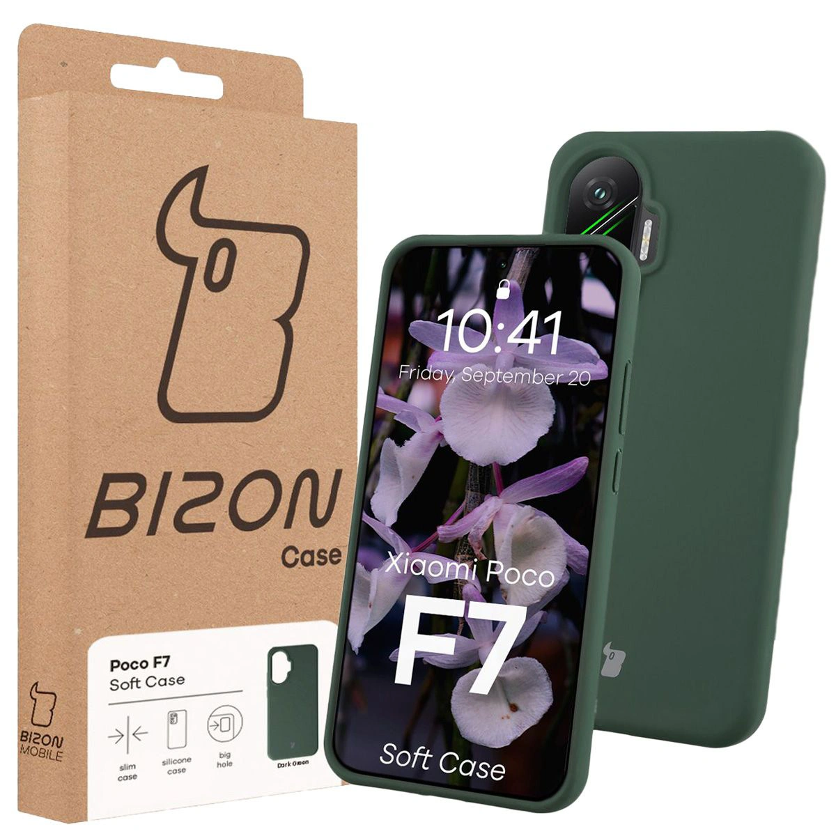 Przód pudełka Bizon Case z dedykowaną etykietą do Xiaomi POCO F7