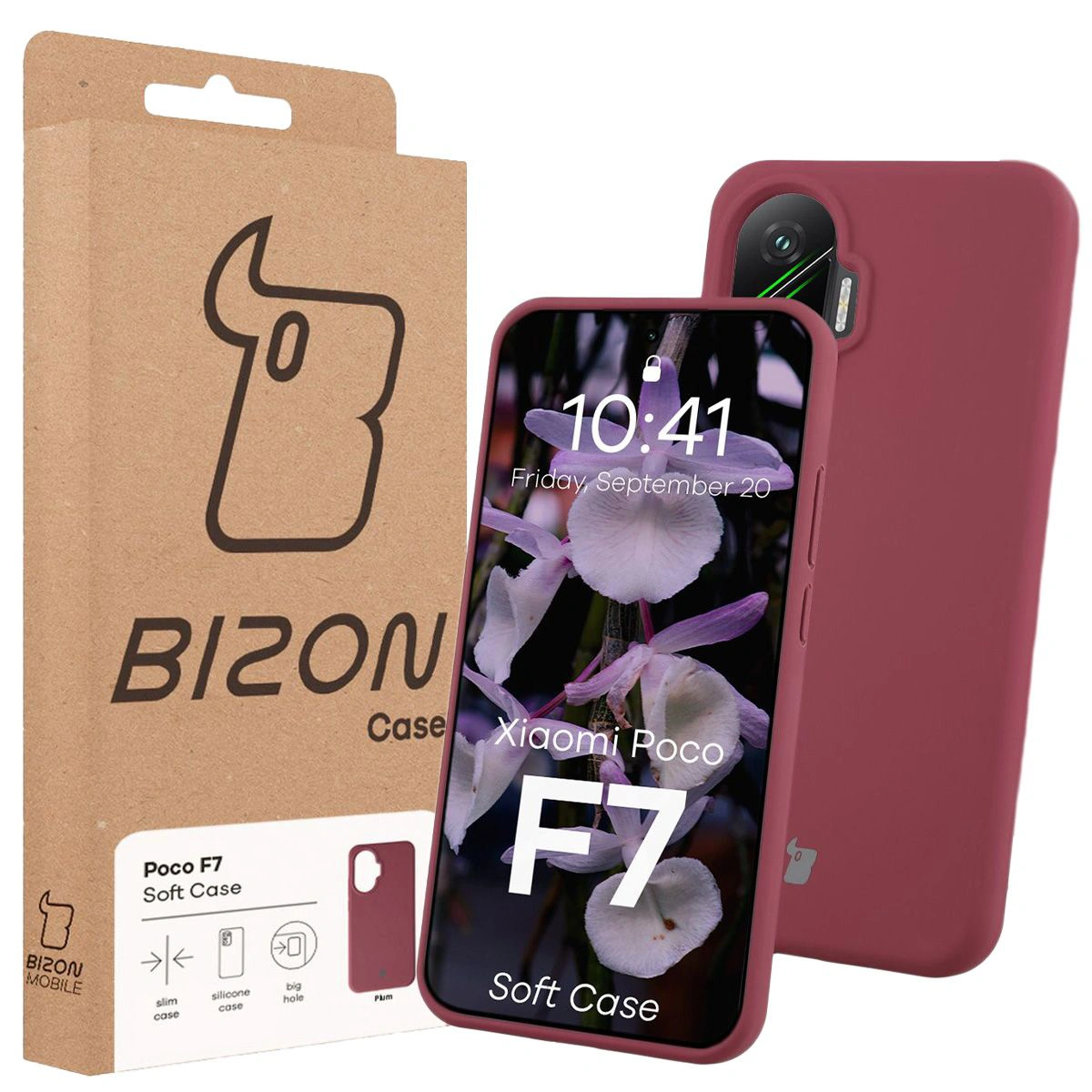 Przód pudełka Bizon Case z dedykowaną etykietą do Xiaomi POCO F7