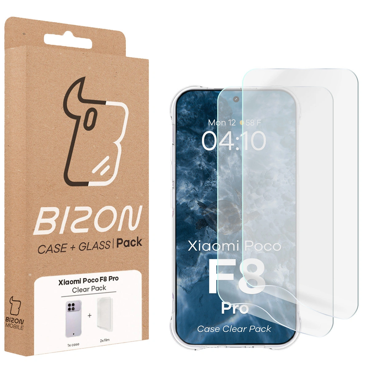 Front of the Bison Case+Glass box with a dedicated label for Xiaomi POCO F8 Pro