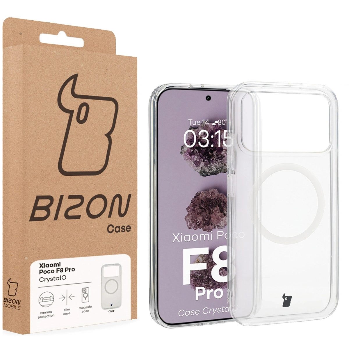 Fața cutiei Bizon Case cu eticheta dedicată pentru Xiaomi POCO F8 Pro