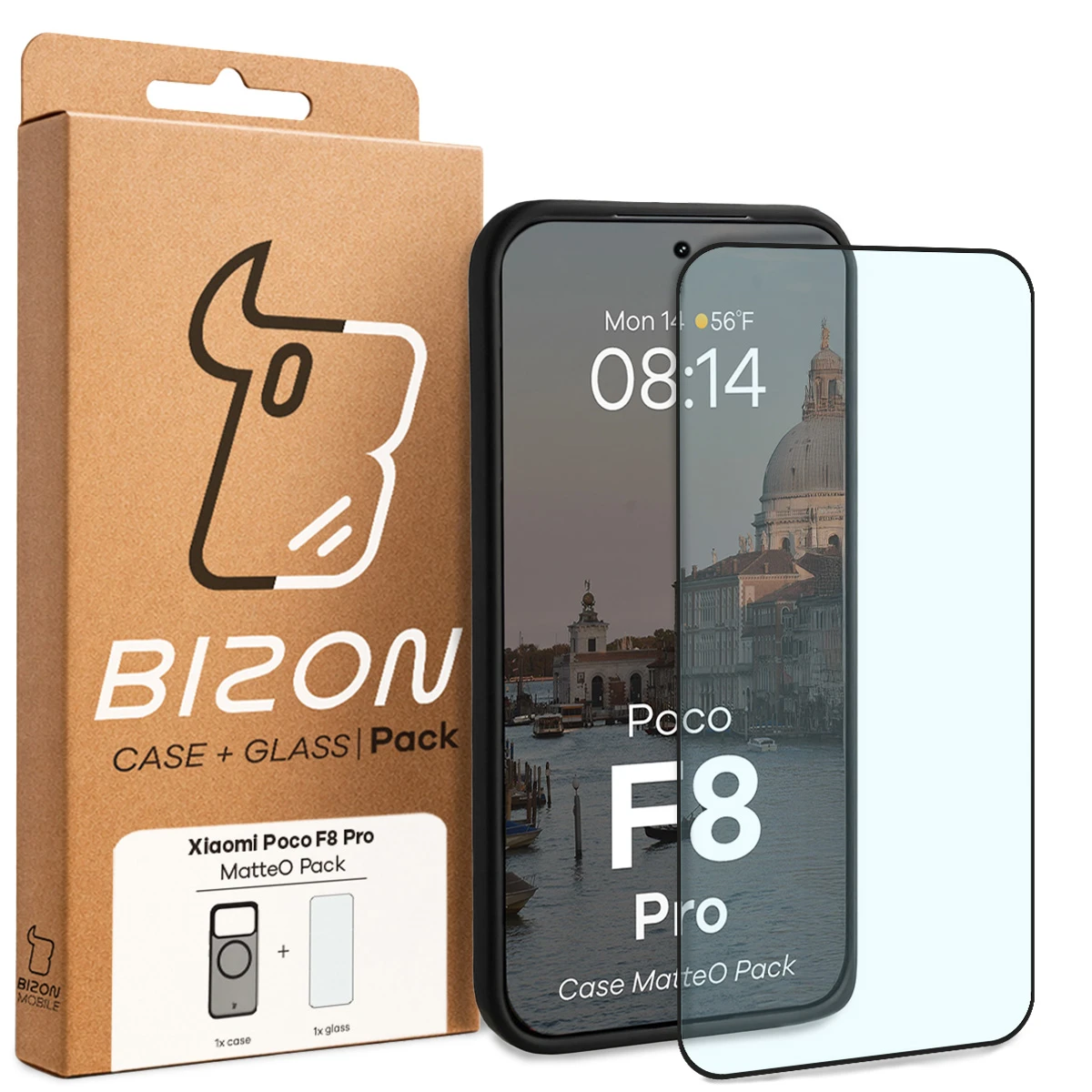 Przód pudełka Bizon Case Matteo Pack z dedykowaną etykietą do Xiaomi POCO F8 Pro