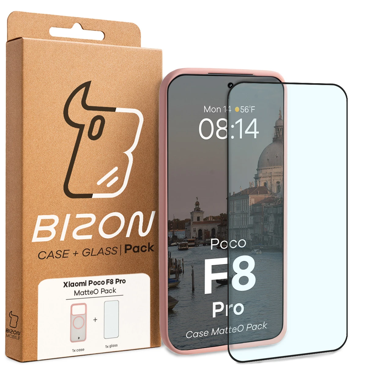 Przód pudełka Bizon Case Matteo Pack z dedykowaną etykietą do Xiaomi POCO F8 Pro
