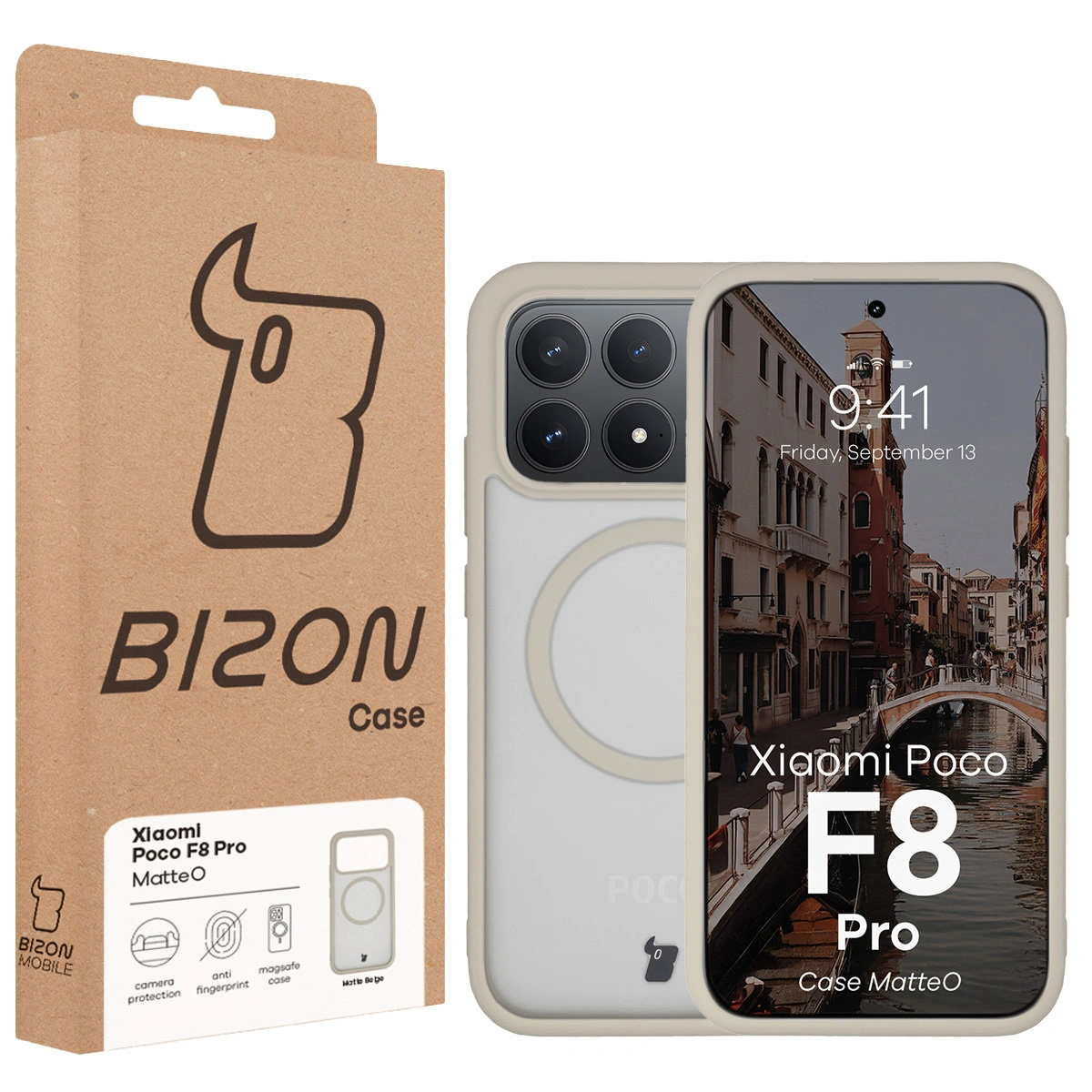 Fața cutiei Bizon Case cu eticheta dedicată pentru Xiaomi POCO F8 Pro
