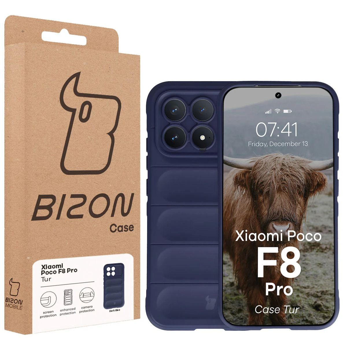 Fața cutiei Bizon Case cu eticheta dedicată pentru Xiaomi POCO F8 Pro